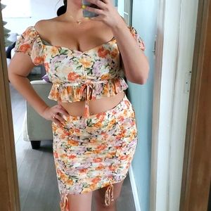 BLASHE Orange Floral Two Piece Skirt Set